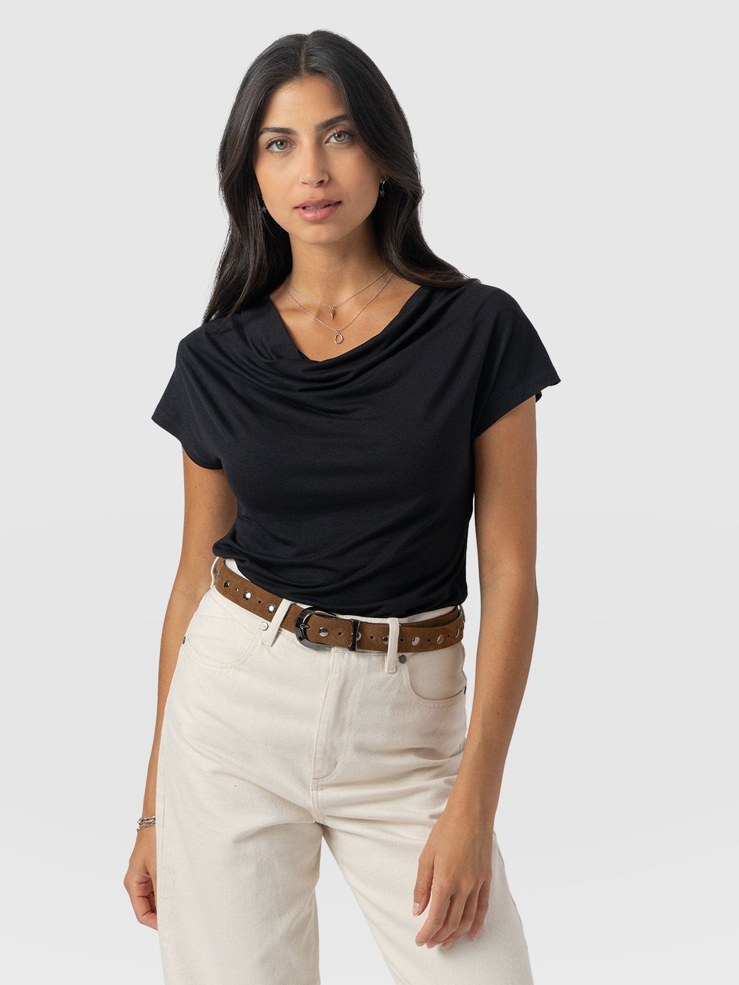 Cowl Neck Tee Black - Women's T-Shirts | Saint + Sofia® USA